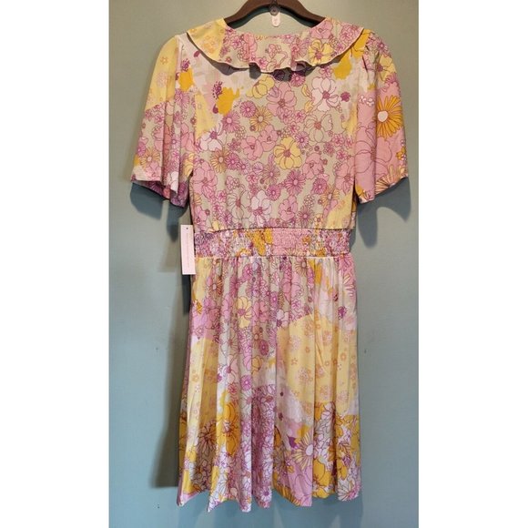 New Modcloth Marvelous Flower Medley Surplice Dress Pink Yellow Sz M - Picture 4 of 7
